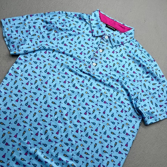 Coobigdog Other - Coobigdog Mens Polo Shirt Medium Blue Cocktail Print Performance Short Sleeve